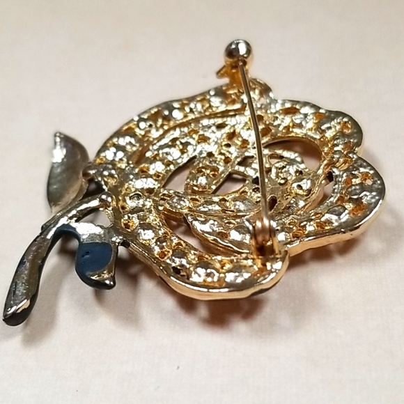 Vintage Black Enamel Rose Rhinestone Gold Tone Brooch - Picture 11 of 12